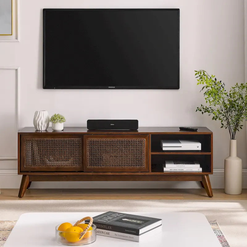 Mobile TV con anta in rattan color noce, ripiani aperti, adatto per TV fino a 65", montaggio da 1 a 2 persone