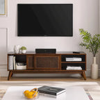 Mobile TV con anta in rattan color noce, ripiani aperti, adatto per TV fino a 65", montaggio da 1 a 2 persone