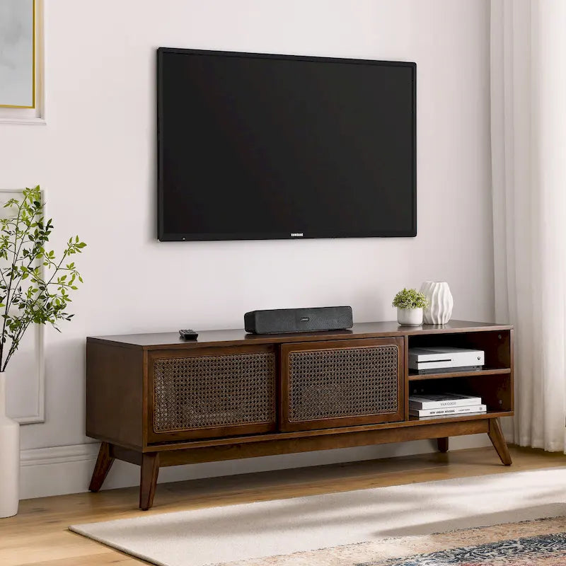 Mobile TV con anta in rattan color noce, ripiani aperti, adatto per TV fino a 65", montaggio da 1 a 2 persone