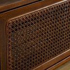 Mobile TV con anta in rattan color noce, ripiani aperti, adatto per TV fino a 65", montaggio da 1 a 2 persone