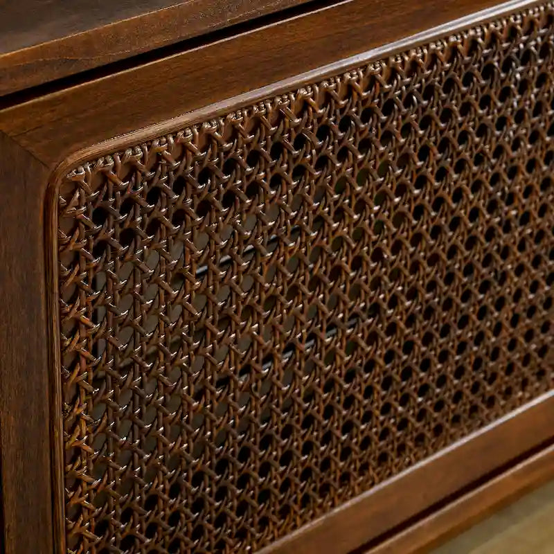 Mobile TV con anta in rattan color noce, ripiani aperti, adatto per TV fino a 65", montaggio da 1 a 2 persone