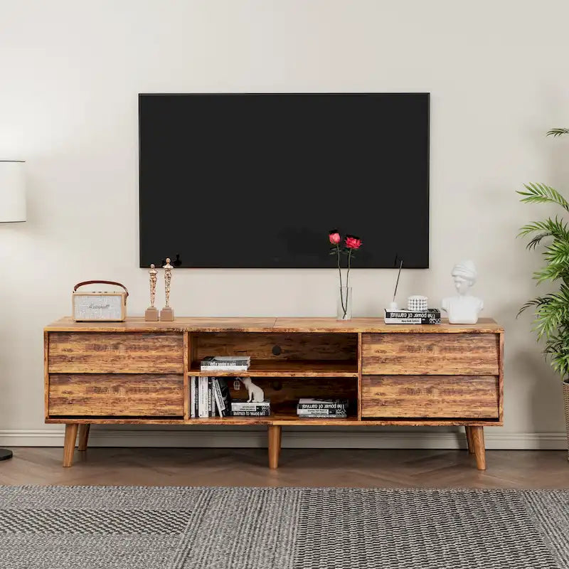 Mobile TV in stile vintage marrone/nero con 4 cassetti e 2 ripiani, adatto per TV fino a 60 pollici