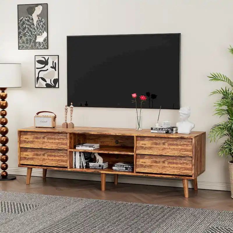 Mobile TV in stile vintage marrone/nero con 4 cassetti e 2 ripiani, adatto per TV fino a 60 pollici