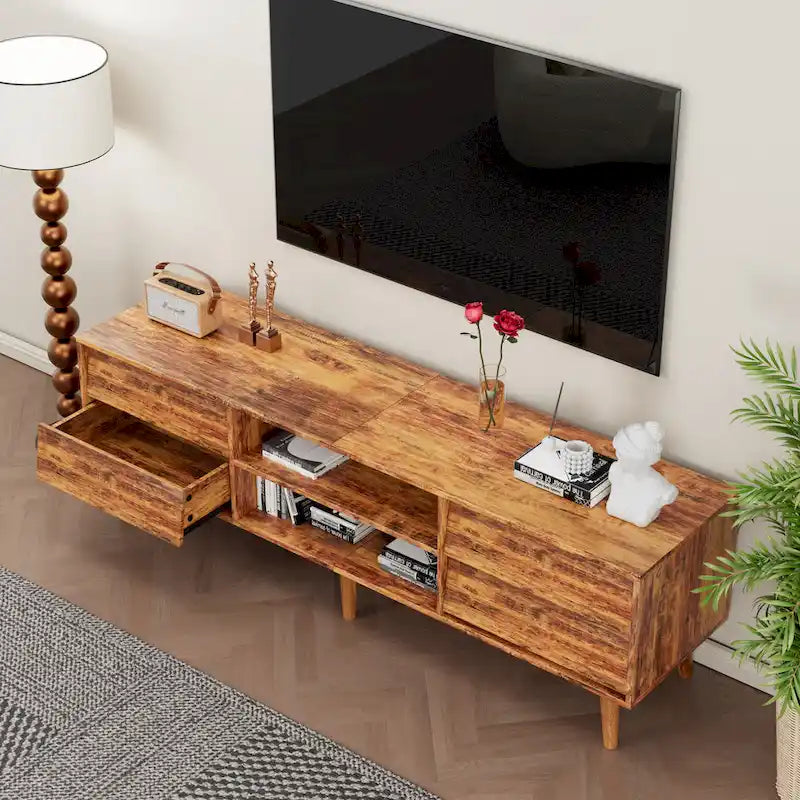Mobile TV in stile vintage marrone/nero con 4 cassetti e 2 ripiani, adatto per TV fino a 60 pollici