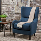 Poltrona di design con schienale alto e gambe in betulla, seduta singola (blu navy / antracite / marrone)