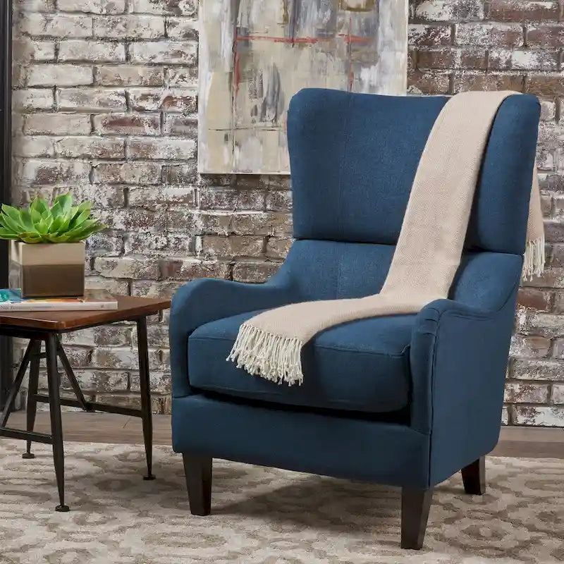 Poltrona di design con schienale alto e gambe in betulla, seduta singola (blu navy / antracite / marrone)