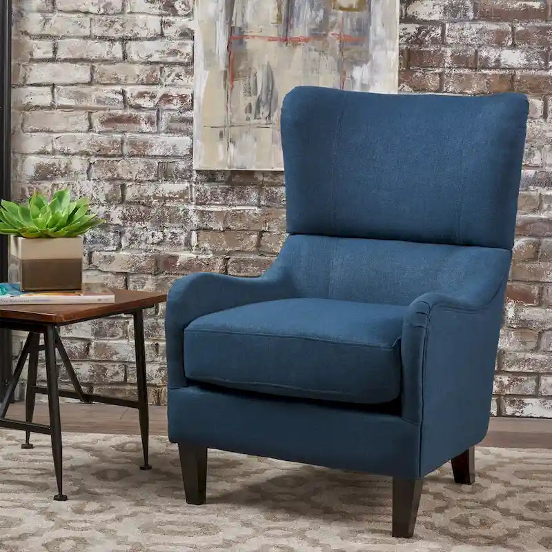 Poltrona di design con schienale alto e gambe in betulla, seduta singola (blu navy / antracite / marrone)