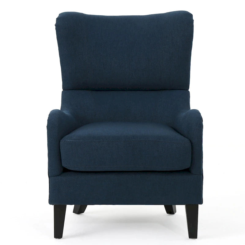 Poltrona di design con schienale alto e gambe in betulla, seduta singola (blu navy / antracite / marrone)