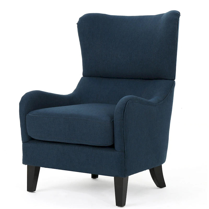 Poltrona di design con schienale alto e gambe in betulla, seduta singola (blu navy / antracite / marrone)