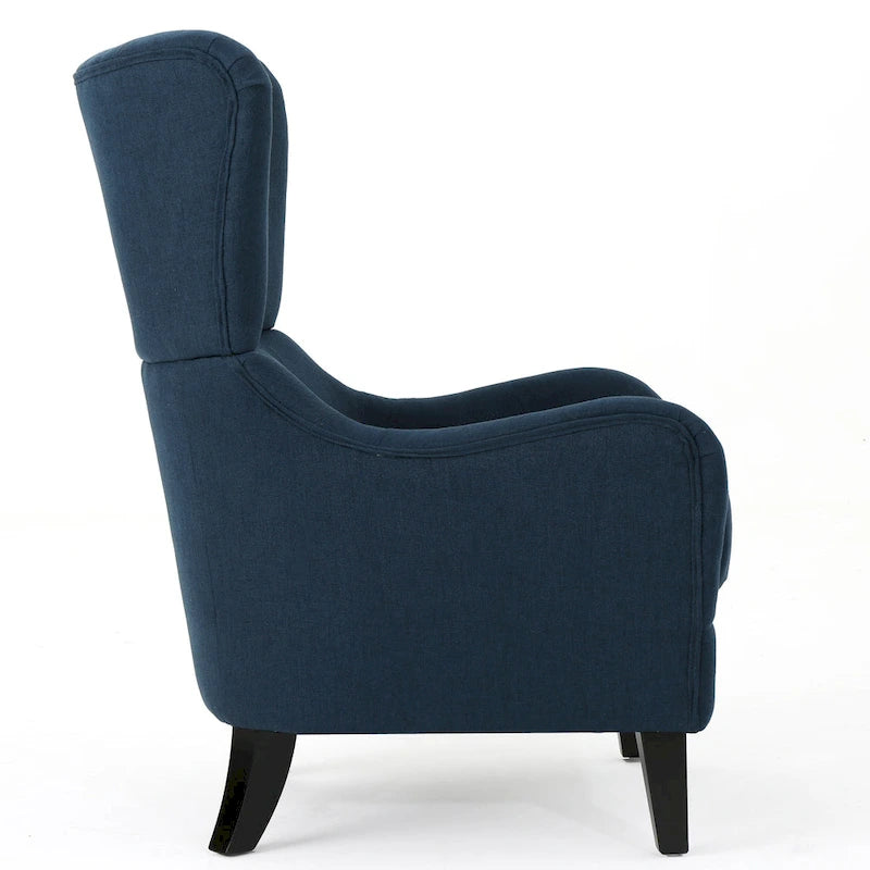 Poltrona di design con schienale alto e gambe in betulla, seduta singola (blu navy / antracite / marrone)