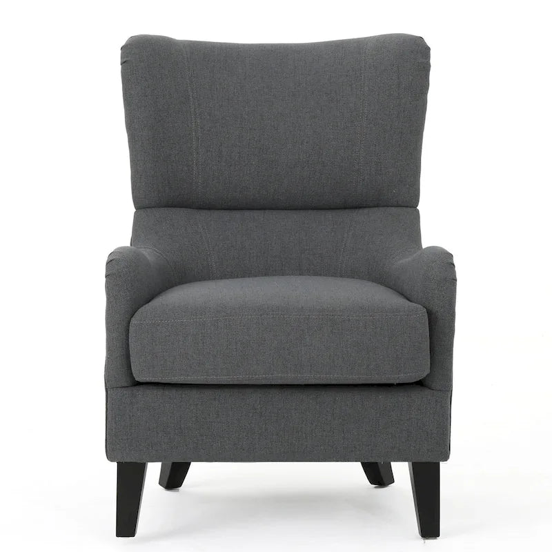 Poltrona di design con schienale alto e gambe in betulla, seduta singola (blu navy / antracite / marrone)