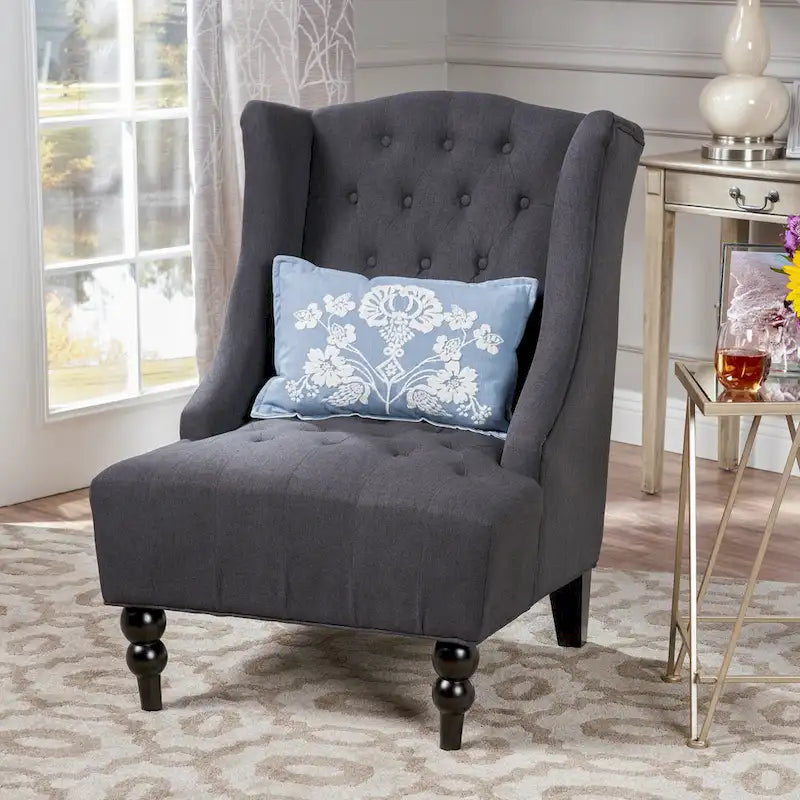 Poltrona Chesterfield Club con Schienale Alto, in Tessuto Grigio Antracite, Singola