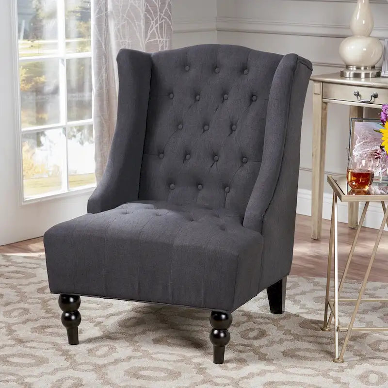 Poltrona Chesterfield Club con Schienale Alto, in Tessuto Grigio Antracite, Singola