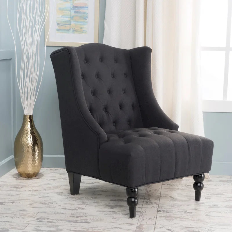Poltrona Chesterfield Club con Schienale Alto, in Tessuto Grigio Antracite, Singola