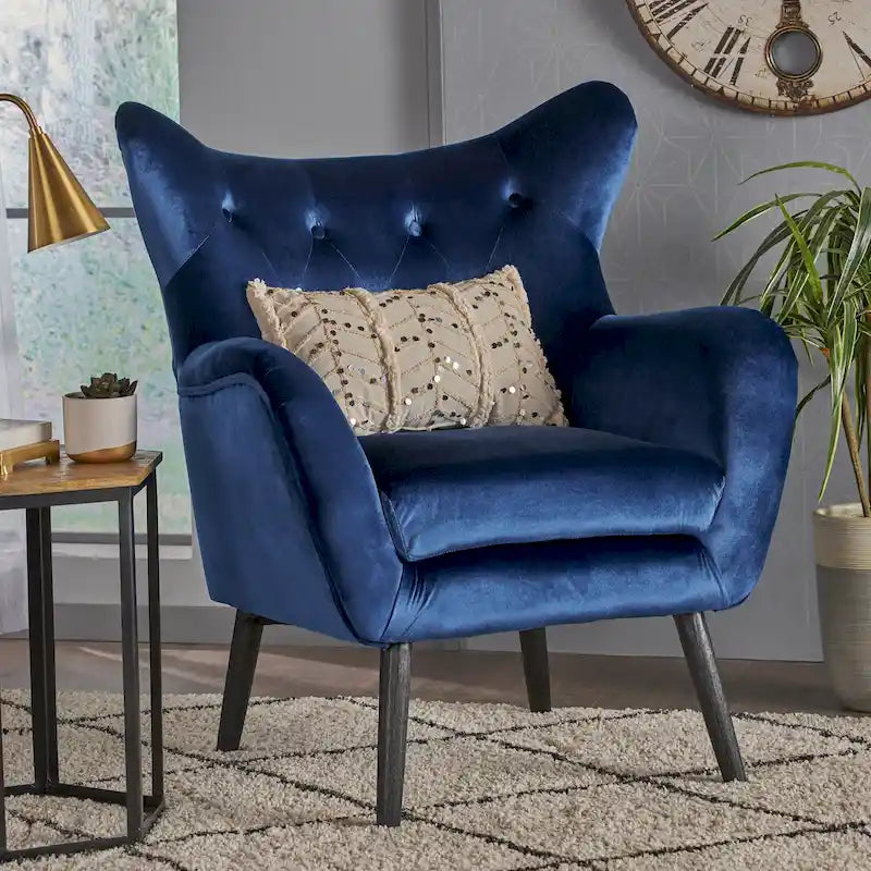 Poltrona Wingback monoposto in velluto blu navy