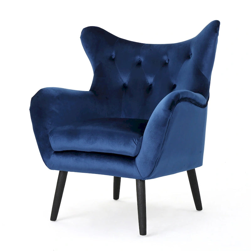 Poltrona Wingback monoposto in velluto blu navy