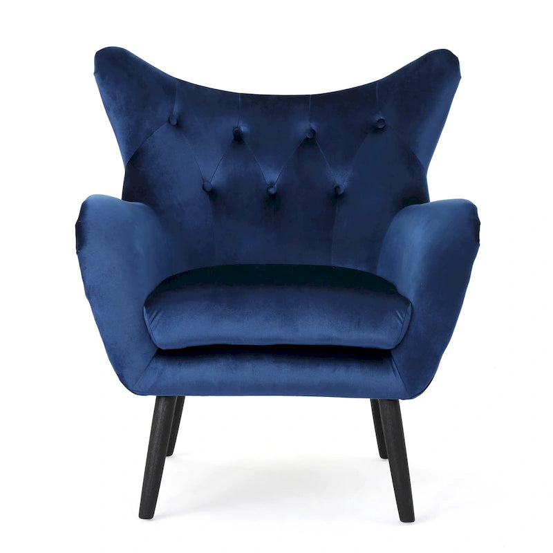 Poltrona Wingback monoposto in velluto blu navy