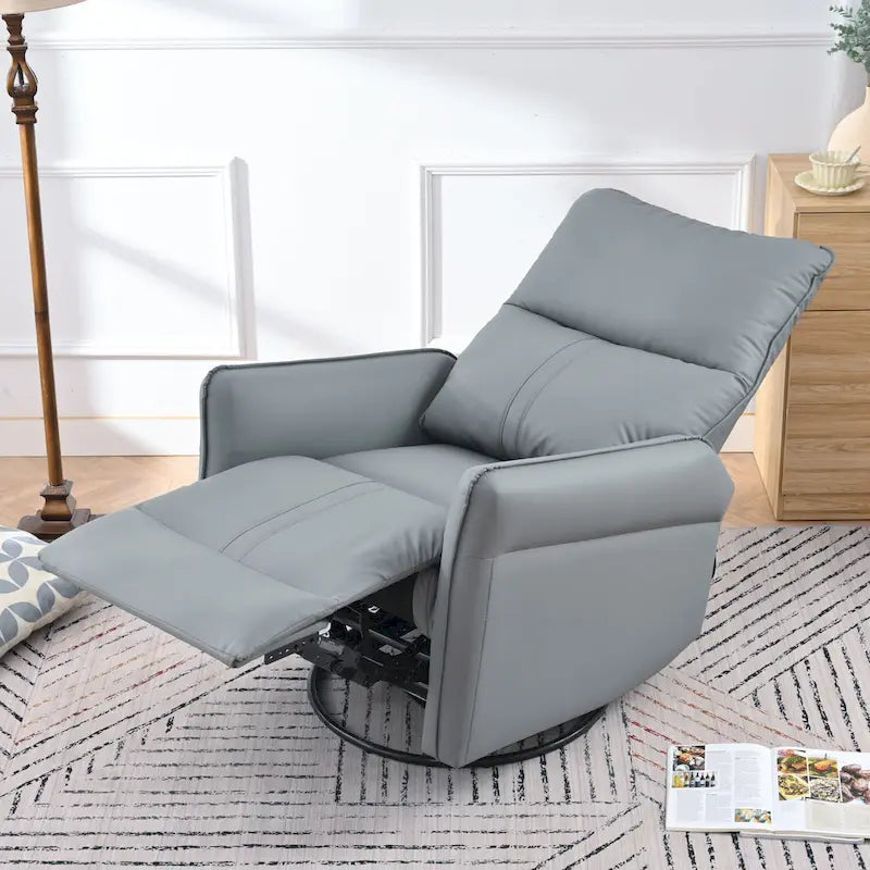 Poltrona reclinabile girevole e a dondolo in similpelle PU blu-grigio con tasche, 1 posto