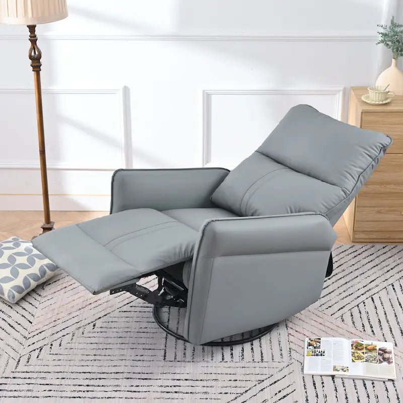 Poltrona reclinabile girevole e a dondolo in similpelle PU blu-grigio con tasche, 1 posto