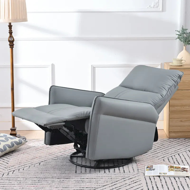 Poltrona reclinabile girevole e a dondolo in similpelle PU blu-grigio con tasche, 1 posto