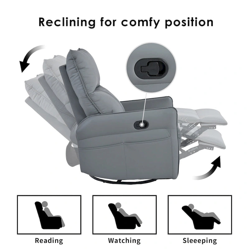 Poltrona reclinabile girevole e a dondolo in similpelle PU blu-grigio con tasche, 1 posto