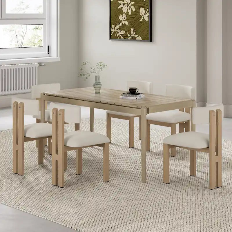 Set da pranzo 7 pezzi Beige+Marrone per 6 persone, sedie in tessuto e tavolo in legno di acacia
