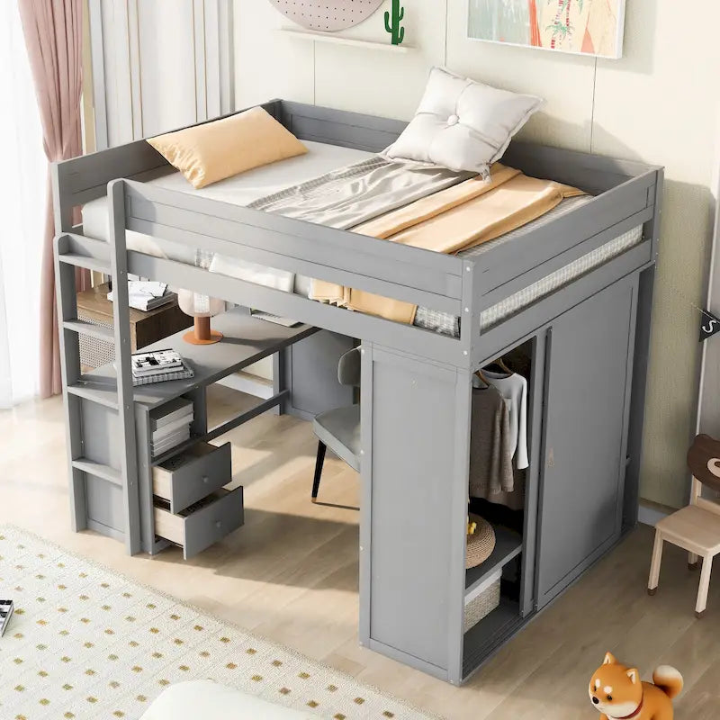 Letto a soppalco grigio full size con scrivania, armadio e cassetti, 1 persona
