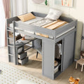 Letto a soppalco grigio full size con scrivania, armadio e cassetti, 1 persona