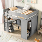 Letto a soppalco grigio full size con scrivania, armadio e cassetti, 1 persona