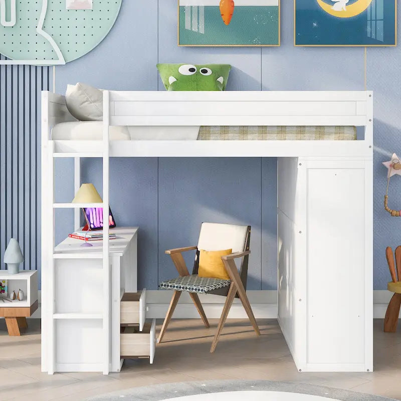 Wood Full Size Loft Bed with Wardrobes and 2-Drawer Desk w/Cabinet