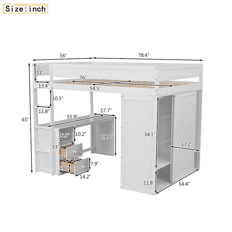 Letto a soppalco grigio full size con scrivania, armadio e cassetti, 1 persona