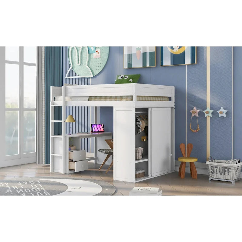 Letto a soppalco grigio full size con scrivania, armadio e cassetti, 1 persona