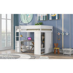 Letto a soppalco grigio full size con scrivania, armadio e cassetti, 1 persona