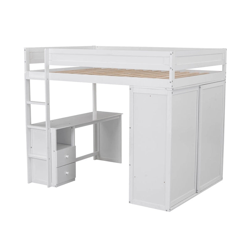 Letto a soppalco grigio full size con scrivania, armadio e cassetti, 1 persona