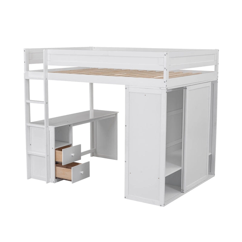 Letto a soppalco grigio full size con scrivania, armadio e cassetti, 1 persona