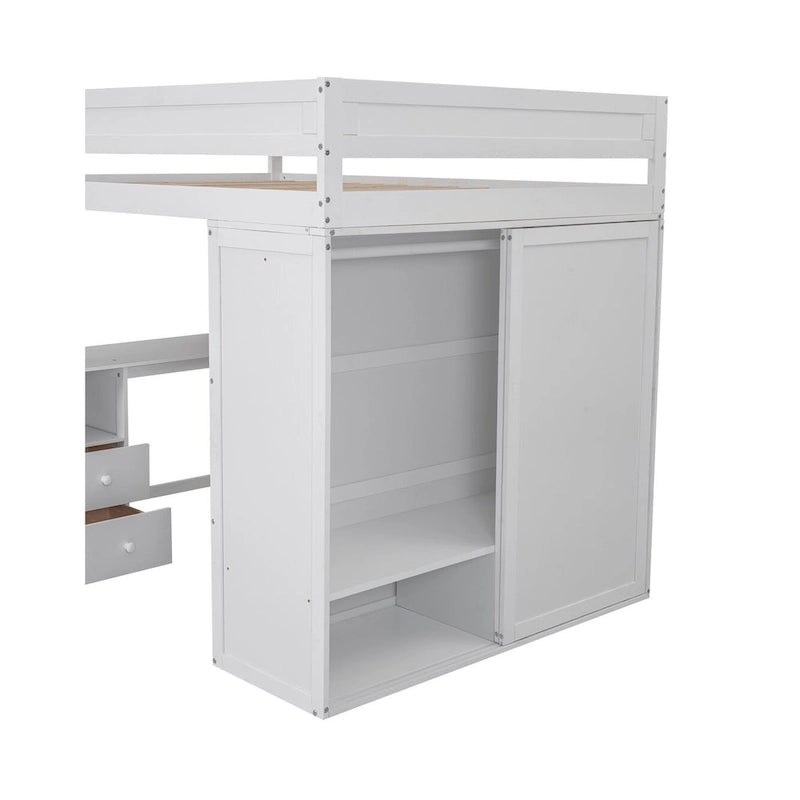 Letto a soppalco grigio full size con scrivania, armadio e cassetti, 1 persona