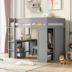 Letto a soppalco grigio full size con scrivania, armadio e cassetti, 1 persona