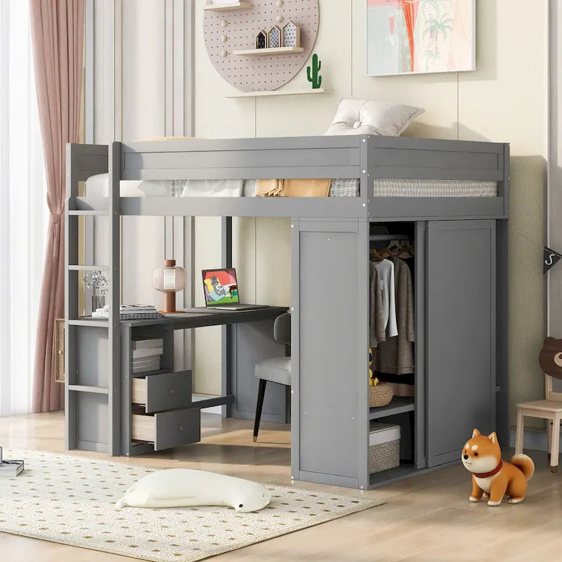 Letto a soppalco grigio full size con scrivania, armadio e cassetti, 1 persona