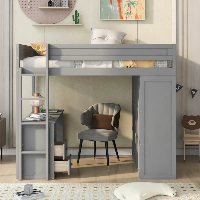Letto a soppalco grigio full size con scrivania, armadio e cassetti, 1 persona