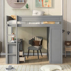 Letto a soppalco grigio full size con scrivania, armadio e cassetti, 1 persona