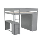 Letto a soppalco grigio full size con scrivania, armadio e cassetti, 1 persona