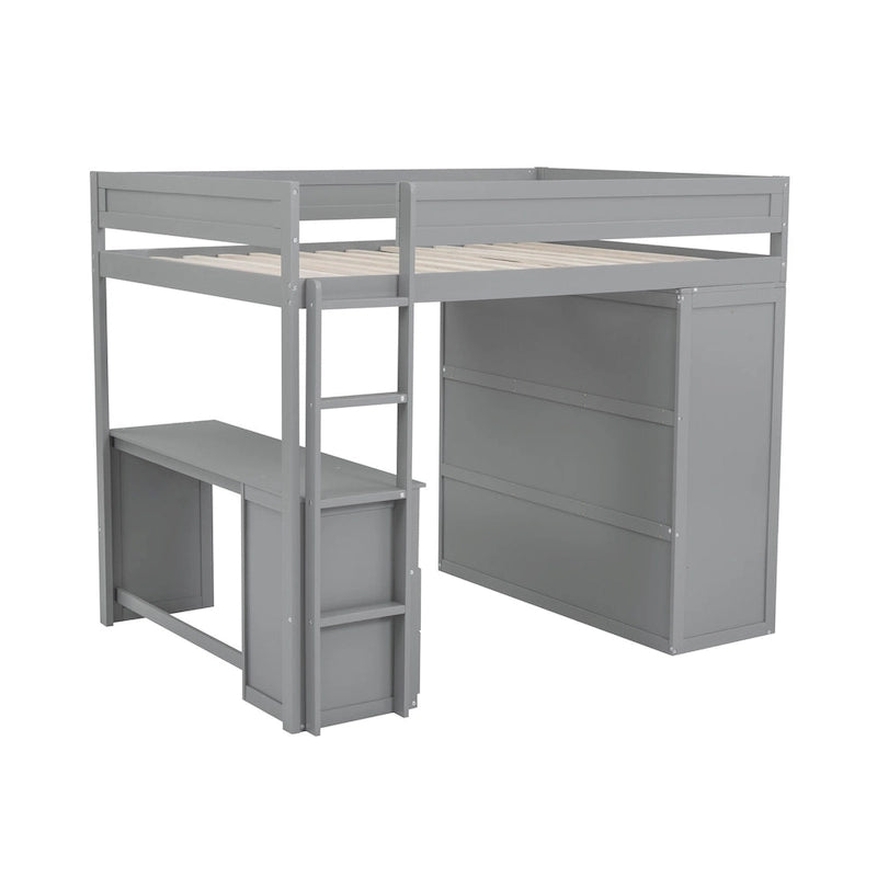 Letto a soppalco grigio full size con scrivania, armadio e cassetti, 1 persona