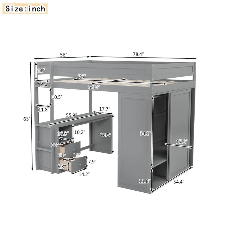 Letto a soppalco grigio full size con scrivania, armadio e cassetti, 1 persona