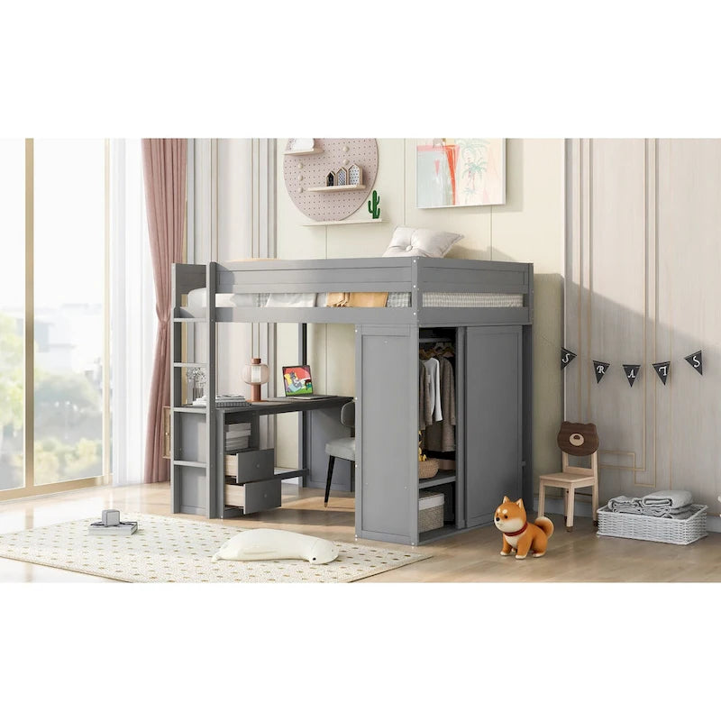 Letto a soppalco grigio full size con scrivania, armadio e cassetti, 1 persona