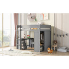 Letto a soppalco grigio full size con scrivania, armadio e cassetti, 1 persona