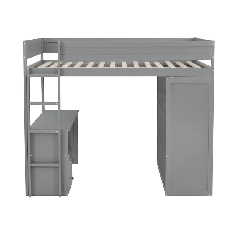 Letto a soppalco grigio full size con scrivania, armadio e cassetti, 1 persona