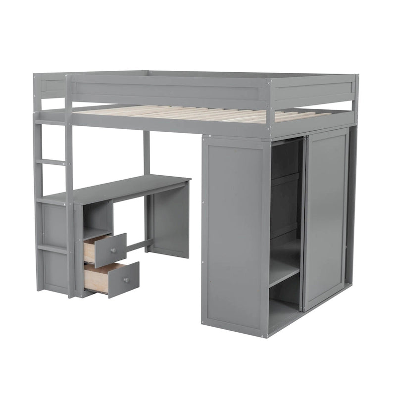 Letto a soppalco grigio full size con scrivania, armadio e cassetti, 1 persona