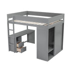 Letto a soppalco grigio full size con scrivania, armadio e cassetti, 1 persona