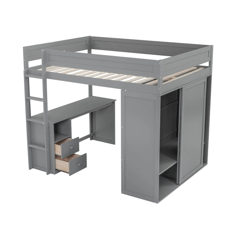 Letto a soppalco grigio full size con scrivania, armadio e cassetti, 1 persona