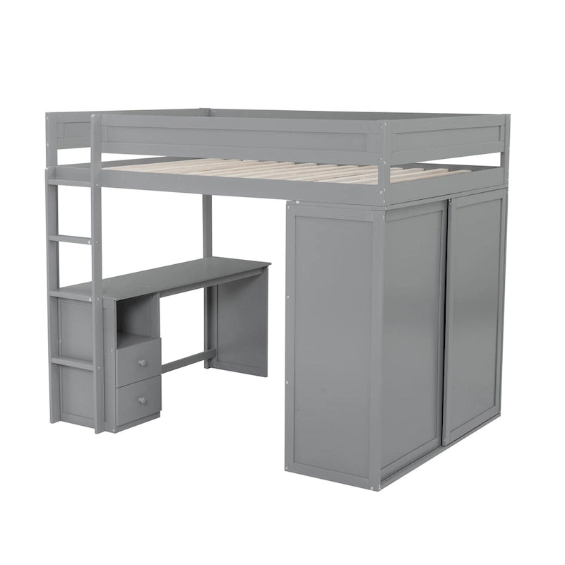 Letto a soppalco grigio full size con scrivania, armadio e cassetti, 1 persona